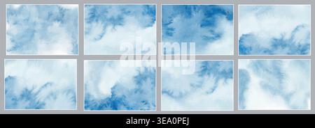 Blue watercolor texture background set, abstract hand painted sky and cloud wash collection. Vector EPS. Stock Vector