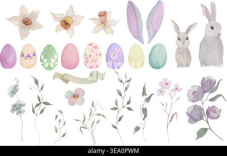 Watercolor Easter set with cute bunnies, colorful eggs, daffodils and spring flowers. Hand-painted holiday collection isolated on white background. Stock Vector