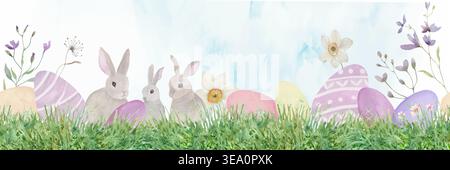 Watercolor Easter seamless border with cute bunnies, colorful eggs, spring flowers. Hand-painted holiday  pattern isolated on white backgrounв Vector. Stock Vector