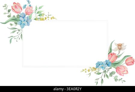 Watercolor floral frame with pink tulips, daffodils, mimosa and spring wildflowers. Hand-painted botanical  border for greeting cards and Easter. Stock Vector