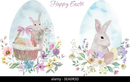 Watercolor Easter collection with cute bunnies, colorful eggs and spring flowers. Hand-painted holiday set and horizontal banner for festive design. Stock Vector