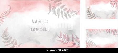 Dusty pink and grey watercolor background set with fern leaves, hand painted abstract botanical frames for stationery, wedding invites. vector EPS. Stock Vector