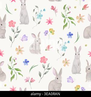 Seamless watercolor pattern with hand drawn rabbits, colorful flowers. Easter bunny botanical background for kids textile, nursery decor, Vector EPS. Stock Vector
