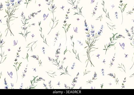 Seamless watercolor lavender pattern, hand painted  botanical light purple floral background with Provence herbs, wildflowers,butterflies. Vector EPS. Stock Vector