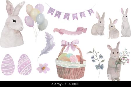 Watercolor Easter set with cute bunnies, basket of eggs, balloons and festive bunting. Hand-painted holiday elements isolated on white background. Stock Vector
