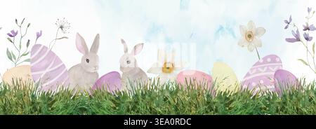Watercolor Easter seamless border with cute bunnies, colorful eggs, spring flowers. Hand-painted holiday  pattern isolated on white backgrounв Vector. Stock Vector