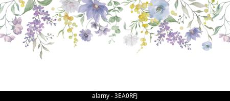 Seamless watercolor floral border with spring flowers. Botanical  horizontal pattern. Vector Hand drawn header with mimosa, anemone, eucalyptus leaves Stock Vector