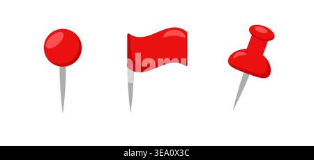 Red map pin flag and thumbtack icon set glossy red Stock Vector