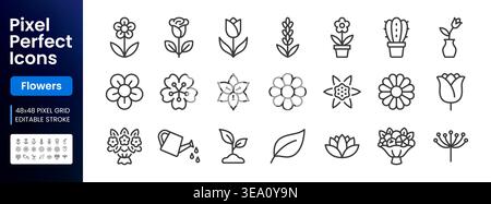 Flower, gardening line icon set. Rose, tulip, fruit bouquet, spring blossom, cactus, lavender, watering can, sprout. Simple outline signs for florist Stock Vector