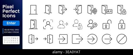 Open door line icon set. Login, logout, register, password, face recognition, key lock, exit minimal vector illustrations. Simple outline signs for Stock Vector