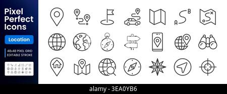 Location line icon set. Compass, travel, globe, map, geography, earth, distance, proximity minimal vector illustration. Simple outline sign for Stock Vector