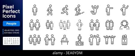 People line icons set. Person walking, running, happy man, company leader, friends hugs, team group, family minimal vector illustrations. Simple Stock Vector