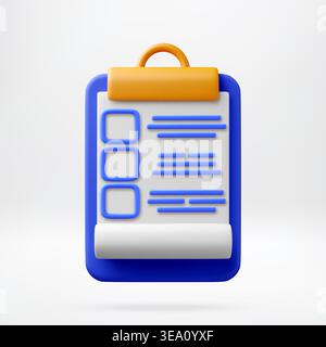 3D Clipboard with checklist and paper document Stock Vector