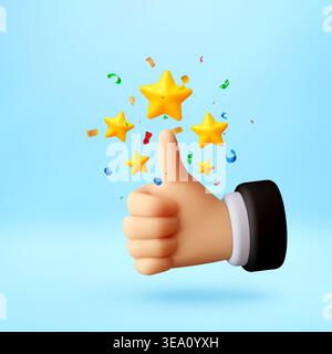 3D hand showing thumb up with stars and confetti Stock Vector