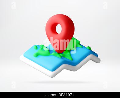 Red map pin on stylized 3d world map. Stock Vector