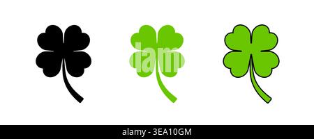 Four leaf clover icon set, outline and filled, green and black Stock Vector