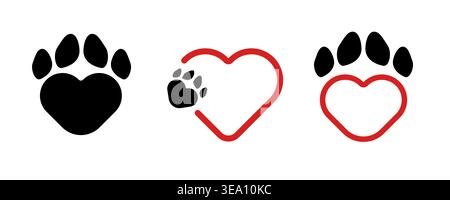 Heart paw icon set solid black and red outline minimalist design Stock Vector