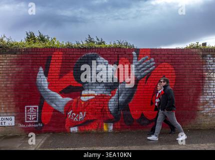 LIVERPOOL, UK – APRIL 21, 2026: A street art mural of Mohamed Salah, created by artist John Culshaw, is pictured on Houlding Street near Anfield. Stock Photo