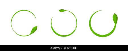 Leaf circle emblems, minimalist vector icons, bright green trio Stock Vector
