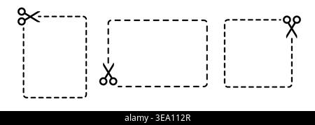 Dashed cutout outlines with scissors icons black white minimal Stock Vector