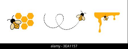 Honey concept icons set with bee honeycomb flight path and drip Stock Vector