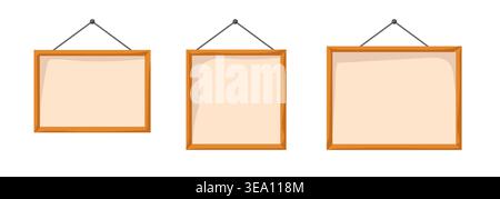 Hanging wooden frames, simple flat illustrations, warm brown tones Stock Vector