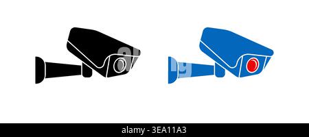 Security camera icon set flat vector black and blue red lens Stock Vector
