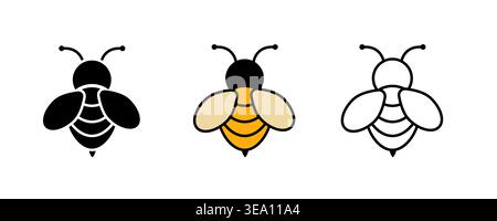 Bee icon set flat minimal black yellow and line art Stock Vector