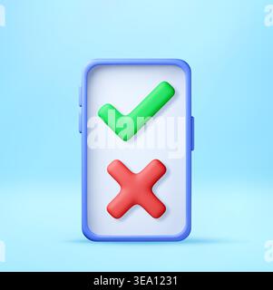Smartphone with 3d green check mark and red cross icon on screen. Choice between correct and incorrect option. Digital survey, feedback interface conc Stock Vector