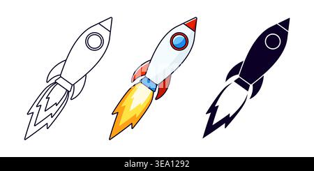 Rocket icon set flat vector outline colored red blue orange Stock Vector