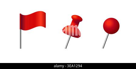Red flag push pin and round pin icon trio glossy red Stock Vector