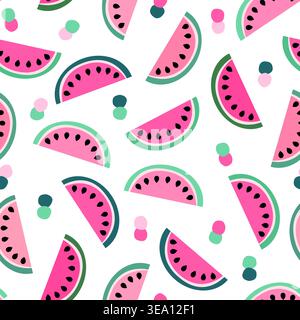 Vector Seamless Pattern with Watermelon Slices in Pink, Green, and Mint Colors, Tropical Summer Vibes Design with Seasonal Fruit Stock Vector