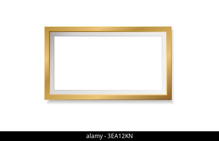 Horizontal gold picture frame with inner white mat, flat style Stock Vector