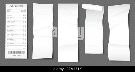 Realistic paper shop bill mockup. Long supermarket financial receipt, supermarket, mall cash check, empty payment document, purchase documentation Stock Vector