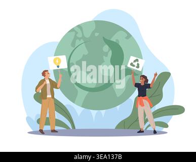 Protection of natural resources. Environmental activists, save planet volunteers on protest and demonstration, nature caring and renewable energy Stock Vector