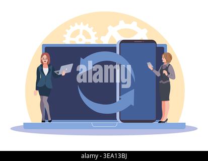 Process of syncing smartphone with laptop. Users exchange digital data, wireless connection, exchange data between devices, synchronization cross Stock Vector