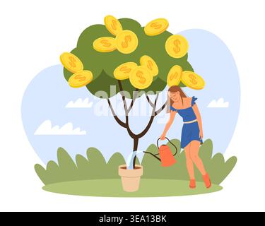 Profit growth. Woman waters money tree, gold coins on plant, successful startup, financial investment, wealth building, business success, future Stock Vector