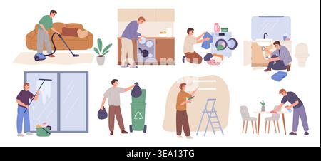 Men house chore. Guy cleans up rooms, vacuuming carpet, loads washing machine, does repairs, takes out trash, handyman, everyday home cleaning routine Stock Vector