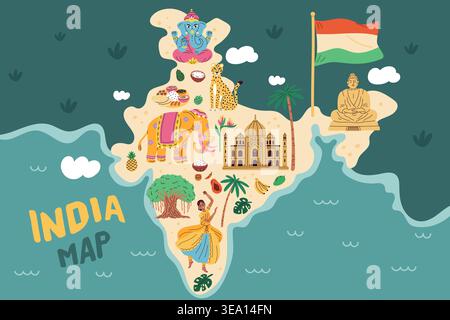 India travel map. Cartoon traditional country elements, travel and tourism, landmarks, attractions, culture learning, national identity, card and Stock Vector