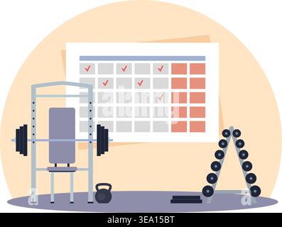 Fitness and gym workout schedule. Weightlifting classes healthy lifestyle, sports discipline, strength training equipment, routine progress tracking Stock Vector
