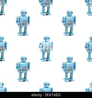 Retro blue tin robots arranged seamless pattern background Stock Photo