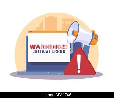 Critical error warning system on laptop. Hazard alarm sign, speaker and red sign, software program failure, megaphone and caution sign, cybersecurity Stock Vector