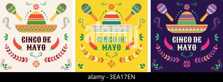 Cinco de Mayo vibrant vector poster set with sombreros, maracas, and decorative ornaments Stock Vector