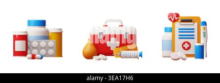 Cartoon 3d medical compositions. Hospital and pharmacy items, pills capsule, drugs, tools, first aid kit, treatment, health care, ambulance emergency Stock Vector