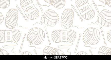 Seamless knitting pattern. White background with beige silhouettes of balls of thread, yarn, and crochet hooks. Handicraft print for packaging Stock Vector