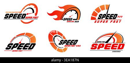 Auto speedometer labels. Car fast emblems, arrow indicators with round measuring scales, dynamic race branding, acceleration and performance symbols Stock Vector