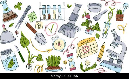 Large garden lab exploration kit, plant and soil samples, research tools, biology classroom elements Stock Vector