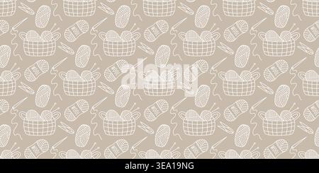 Handicraft seamless pattern. White silhouette of balls of thread, yarn, needle, and scissors on a beige background. Knitting print for packaging Stock Vector