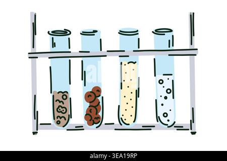 Set of test tubes with soil, gravel and sand samples on a test tube rack, soil and plant laboratory research Stock Vector