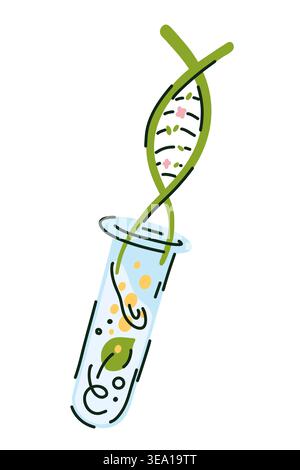 The concept of extracting DNA from a plant leaf in a test tube with a solution, a DNA chain composed of leaves and flowers rises from the test tube Stock Vector